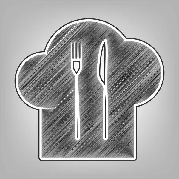 Chef sombrero y cuchara, tenedor, signo de cuchillo. Vector. Imitación de bocetos a lápiz. Icono de garabato gris oscuro con contorno exterior gris oscuro en fondo gris . — Archivo Imágenes Vectoriales