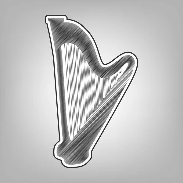 Muziekinstrument harp teken. Vector. Potlood schets imitatie. Donker grijze Krabbel pictogram met donkere grijze buitenomtrek op grijze achtergrond. — Stockvector