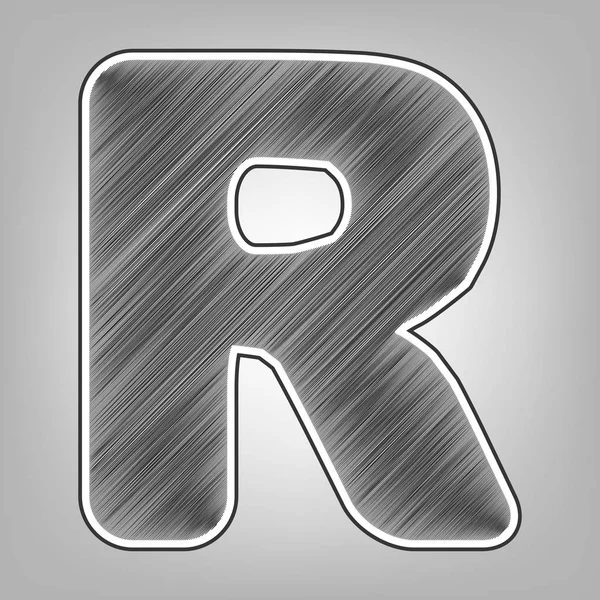 Σύμβολο γράμμα R πρότυπο στοιχείο σχεδίου. Διάνυσμα. Μολύβι σκίτσο απομίμηση. Σκούρο γκρι κακογράφω εικονίδιο με το σκούρο γκρι εξωτερικό περίγραμμα στο γκρίζο φόντο. — Διανυσματικό Αρχείο