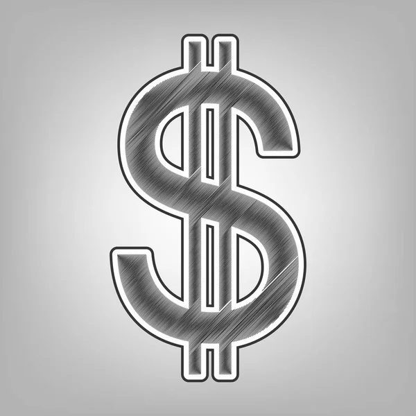 Σύμβολο δολαρίου Ηνωμένων Πολιτειών. Διάνυσμα. Μολύβι σκίτσο απομίμηση. Σκούρο γκρι κακογράφω εικονίδιο με το σκούρο γκρι εξωτερικό περίγραμμα στο γκρίζο φόντο. — Διανυσματικό Αρχείο