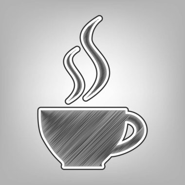 İki küçük akarsu duman Kupası işaretiyle. Vektör. Kalem kroki taklidi. Arka planı gri, koyu gri dış kontur koyu gri karalama simgesiyle.