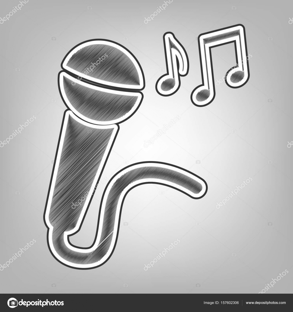 microphone sign with music notes vector pencil sketch imitation