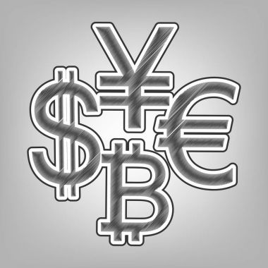 Para birimi koleksiyon Doları, euro, bitcoin, yen oturum açın. Vektör. Kalem kroki taklidi. Arka planı gri, koyu gri dış kontur koyu gri karalama simgesiyle.