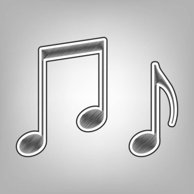 Müzik işareti notlar. Vektör. Kalem kroki taklidi. Arka planı gri, koyu gri dış kontur koyu gri karalama simgesiyle.