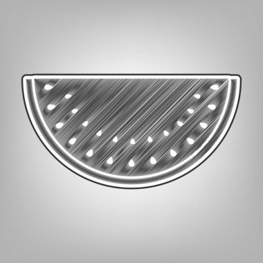 Karpuz işareti. Vektör. Kalem kroki taklidi. Arka planı gri, koyu gri dış kontur koyu gri karalama simgesiyle.