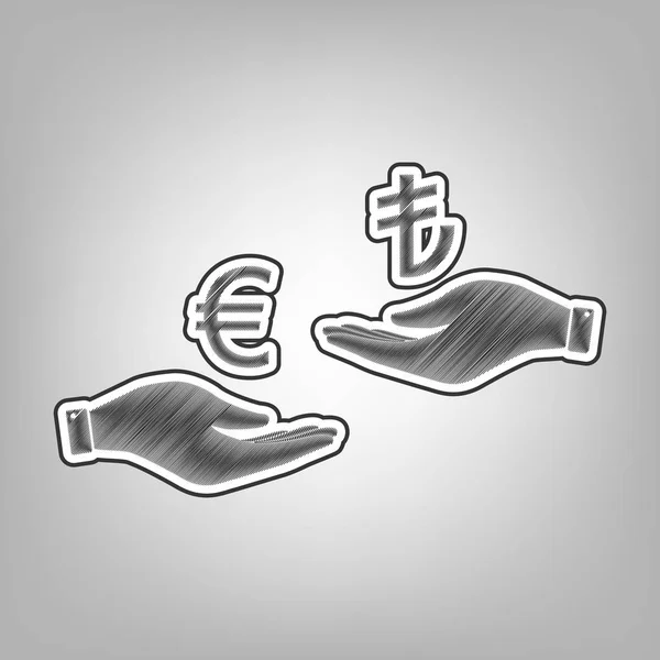 Currency exchange from hand to hand. Euro and Lira. Vector. Pencil sketch imitation. Dark gray scribble icon with dark gray outer contour at gray background. — Stock Vector