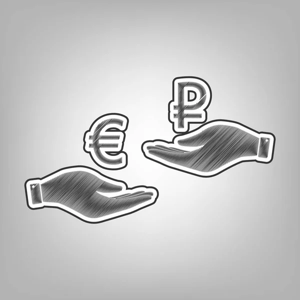 Currency exchange from hand to hand. Euro and Ruble. Vector. Pencil sketch imitation. Dark gray scribble icon with dark gray outer contour at gray background. — Stock Vector