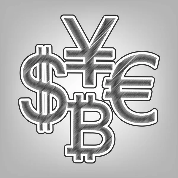 Währungszeichensammlung Dollar, Euro, Bitcoin, Yen. Vektor. Bleistiftzeichnung imitiert. dunkelgraues Kritzelsymbol mit dunkelgrauer Außenkontur auf grauem Hintergrund. — Stockvektor