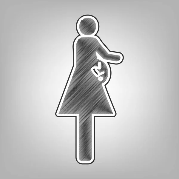 Frauen und Baby-Zeichen. Vektor. Bleistiftzeichnung imitiert. dunkelgraues Kritzelsymbol mit dunkelgrauer Außenkontur auf grauem Hintergrund. — Stockvektor