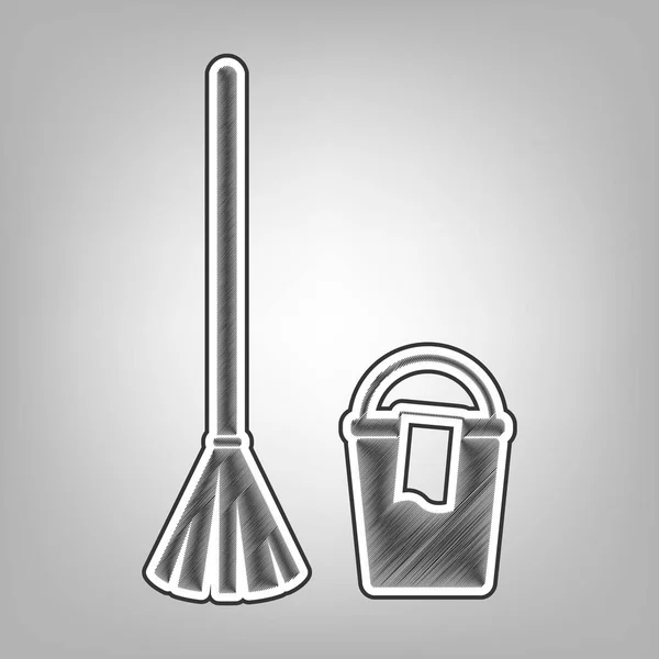 Broom and bucket sign. Vector. Pencil sketch imitation. Dark gray scribble icon with dark gray outer contour at gray background. — Stock Vector