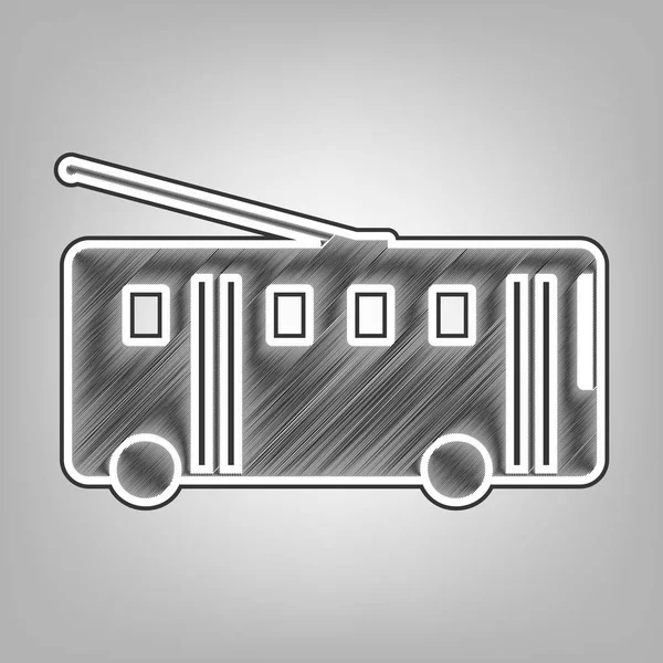トロリーバスの標識です。ベクトル。鉛筆スケッチの模倣。灰色の背景に暗い灰色の輪郭と暗い灰色落書きアイコン. — ストックベクタ