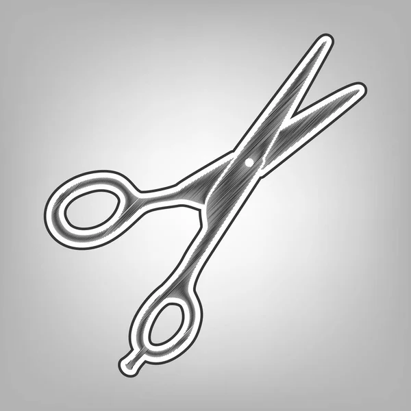 Señal de tijeras para cortar el pelo. Vector. Imitación de bocetos a lápiz. Icono de garabato gris oscuro con contorno exterior gris oscuro en fondo gris . — Archivo Imágenes Vectoriales