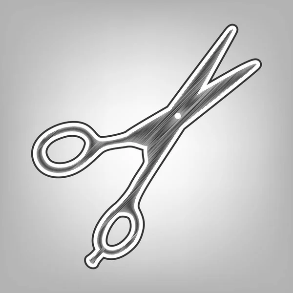 Sinal de tesoura para cortar cabelo. Vector. Imitação de esboço a lápis. Ícone de rabiscos cinza escuro com contorno externo cinza escuro em fundo cinza . —  Vetores de Stock