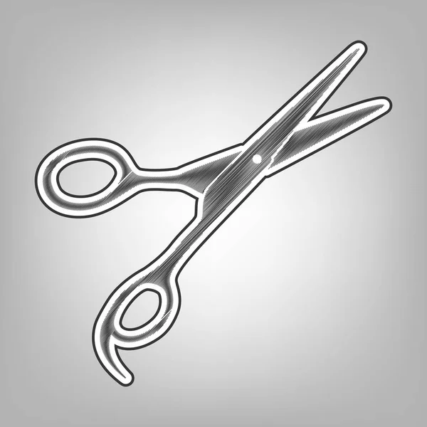 Señal de tijeras para cortar el pelo. Vector. Imitación de bocetos a lápiz. Icono de garabato gris oscuro con contorno exterior gris oscuro en fondo gris . — Vector de stock