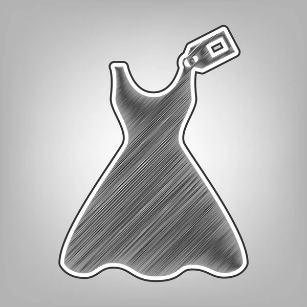 女性のドレスは、タグで署名します。ベクトル。鉛筆スケッチの模倣。灰色の背景に暗い灰色の輪郭と暗い灰色落書きアイコン. — ストックベクタ