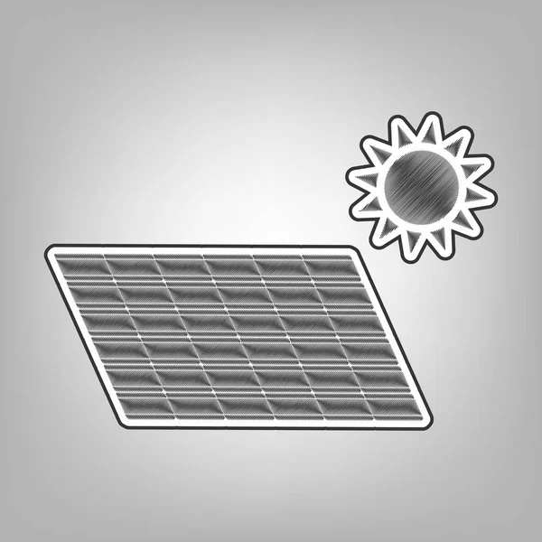 Panel de energía solar. Signo de concepto de tendencia ecológica. Vector. Imitación de bocetos a lápiz. Icono de garabato gris oscuro con contorno exterior gris oscuro en fondo gris . — Vector de stock