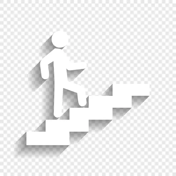 L'homme dans les escaliers monte. Vecteur. Icône blanche avec ombre douce sur fond transparent . — Image vectorielle