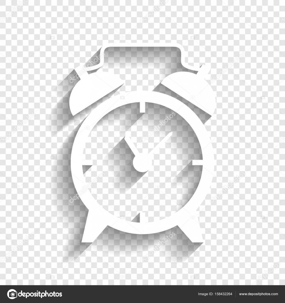 Alarm clock sign. Vector. White icon with soft shadow on transparent