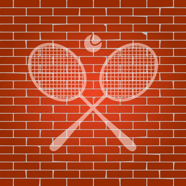 Två tennisracket med bollen skylt. Vektor. Vitaktig ikonen på tegelvägg som bakgrund. — Stock vektor