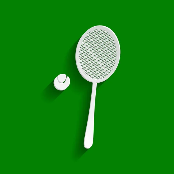 Raquette de tennis avec panneau à billes. Vecteur. Papier icône blanchâtre avec ombre douce sur fond vert . — Image vectorielle