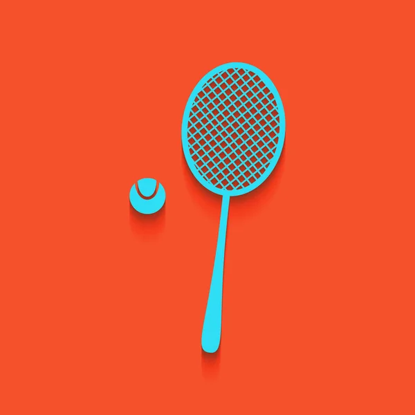 Raqueta de tenis con rótulo de pelota. Vector. Icono azul con sombra suave sobre fondo flamenco . — Archivo Imágenes Vectoriales