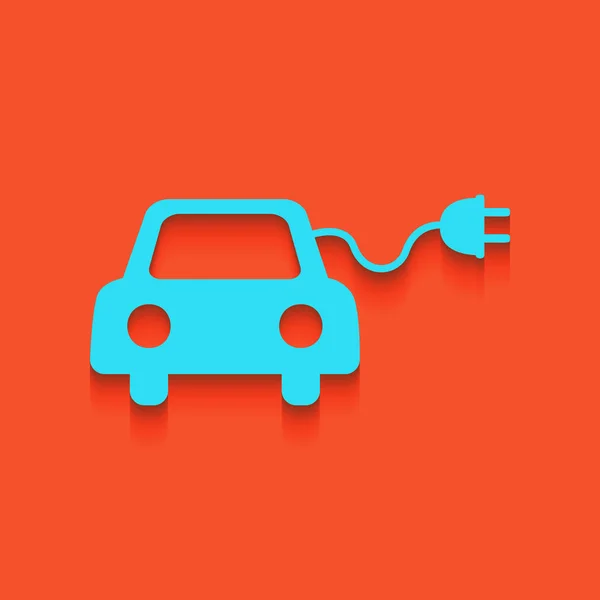 Signo de coche eléctrico ecológico. Vector. Icono azul con sombra suave sobre fondo flamenco . — Vector de stock