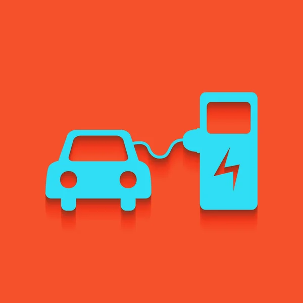 Cartel de carga de batería de coche eléctrico. Vector. Icono azul con sombra suave sobre fondo flamenco . — Vector de stock