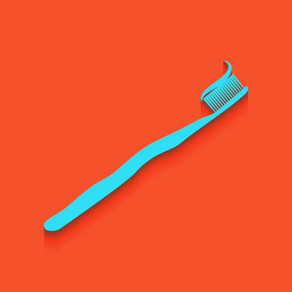 Cepillo de dientes con la porción de pasta de dientes aplicada. Vector. Icono azul con sombra suave sobre fondo flamenco . — Vector de stock