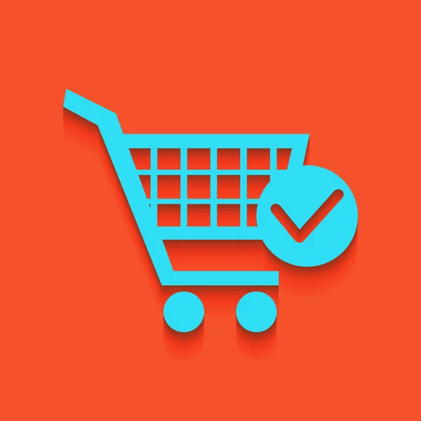 Shopping Cart with Check Mark sign. Vector. Blue icon with soft shadow putted down on flamingo background. — Stock Vector