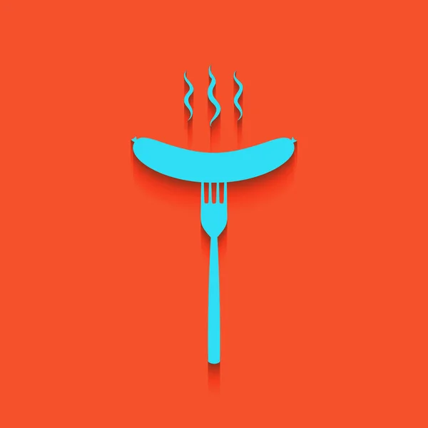 Saucisse à la fourchette. Vecteur. Icône bleue avec ombre douce posée sur fond de flamant rose . — Image vectorielle