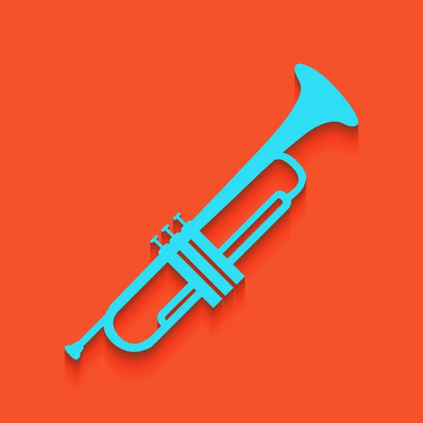 Instrumento musical Signo de trompeta. Vector. Icono azul con sombra suave sobre fondo flamenco . — Archivo Imágenes Vectoriales