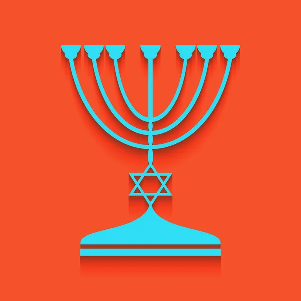 Castiçal Menorah judeu em silhueta preta. Vector. Ícone azul com sombra suave colocada no fundo flamingo . — Vetor de Stock