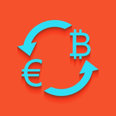 Döviz Alım Satım işareti. Euro ve Bitcoin. Vektör. Flamingo arka plan üzerinde aşağı attınız yumuşak gölgeli mavi kutsal kişilerin resmi.