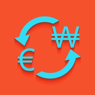 Döviz Alım Satım işareti. Avrupa ve Güney Kore Wonu. Vektör. Flamingo arka plan üzerinde aşağı attınız yumuşak gölgeli mavi kutsal kişilerin resmi.