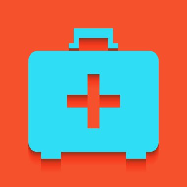 Tıbbi ilk yardım kutusu işareti. Vektör. Flamingo arka plan üzerinde aşağı attınız yumuşak gölgeli mavi kutsal kişilerin resmi.