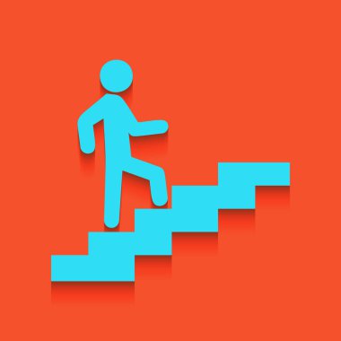 Adam merdivenlerde gidiyor. Vektör. Flamingo arka plan üzerinde aşağı attınız yumuşak gölgeli mavi kutsal kişilerin resmi.