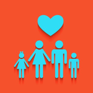 Aile simgesi kalp ile. Karı koca çocuk eller tutulur. Seviyorum. Vektör. Flamingo arka plan üzerinde aşağı attınız yumuşak gölgeli mavi kutsal kişilerin resmi.