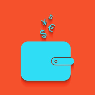 M-cüzdan para birimi simgelerini işaretiyle. Vektör. Flamingo arka plan üzerinde aşağı attınız yumuşak gölgeli mavi kutsal kişilerin resmi.