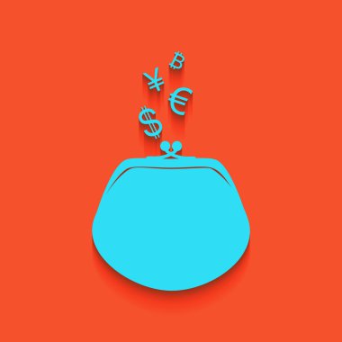 M-cüzdan para birimi simgelerini işaretiyle. Vektör. Flamingo arka plan üzerinde aşağı attınız yumuşak gölgeli mavi kutsal kişilerin resmi.