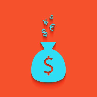 Para çantası işareti para birimi simgeleri ile. Vektör. Flamingo arka plan üzerinde aşağı attınız yumuşak gölgeli mavi kutsal kişilerin resmi.