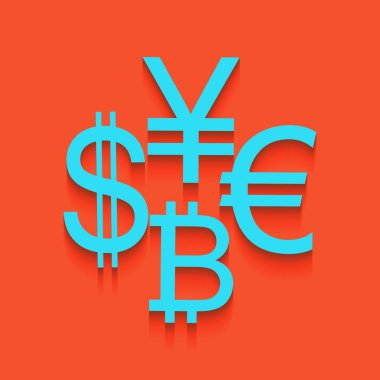 Para birimi koleksiyon Doları, euro, bitcoin, yen oturum açın. Vektör. Flamingo arka plan üzerinde aşağı attınız yumuşak gölgeli mavi kutsal kişilerin resmi.