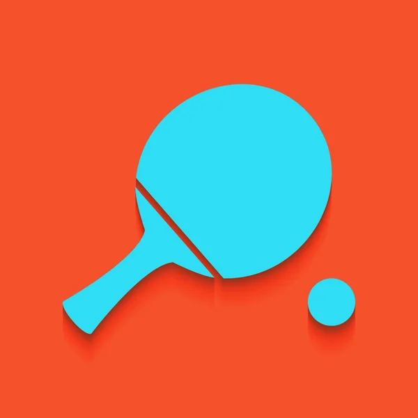 Ping pong paddle with ball. Vector. Blue icon with soft shadow putted down on flamingo background. — Stock Vector