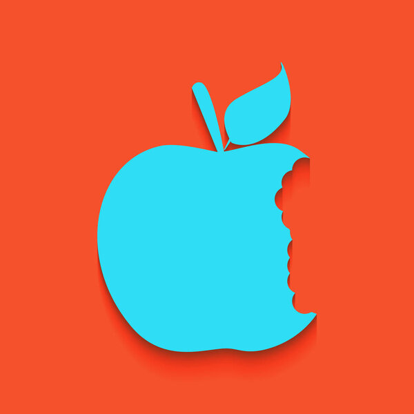Bited apple sign. Vector. Blue icon with soft shadow putted down on flamingo background.