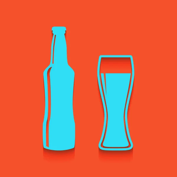 Bier fles teken. Vector. Blauwe pictogram met zachte schaduw putted neer op flamingo achtergrond. — Stockvector