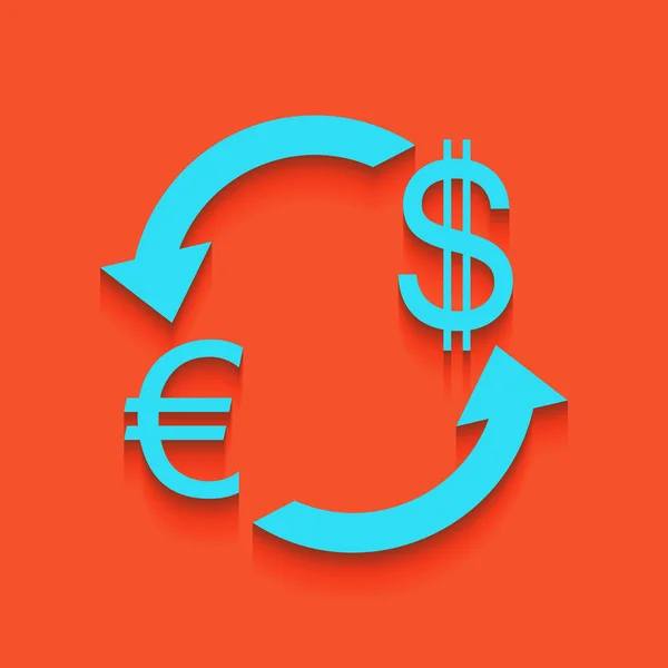 Currency exchange sign. Euro and Dollar. Vector. Blue icon with soft shadow putted down on flamingo background. — Stock Vector