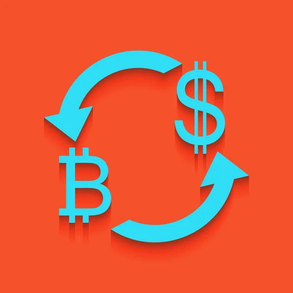 Signo de cambio de divisas. Bitcoin y dólar estadounidense. Vector. Icono azul con sombra suave sobre fondo flamenco . — Vector de stock