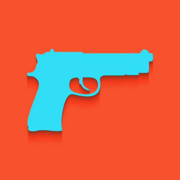 Ilustrasi tanda pistol. Vektor. Ikon biru dengan bayangan lembut diletakkan di atas latar belakang flamingo . - Stok Vektor