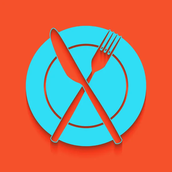 Tenedor, cuchillo y placa. Vector. Icono azul con sombra suave sobre fondo flamenco . — Vector de stock