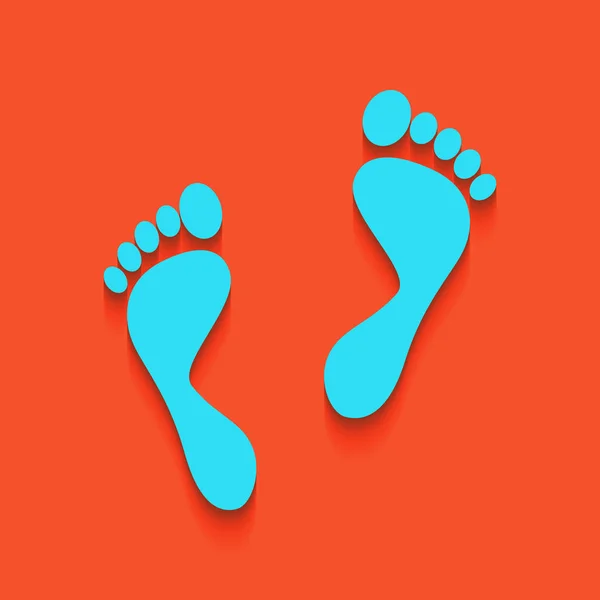 Foot prints sign. Vector. Blue icon with soft shadow putted down on flamingo background.