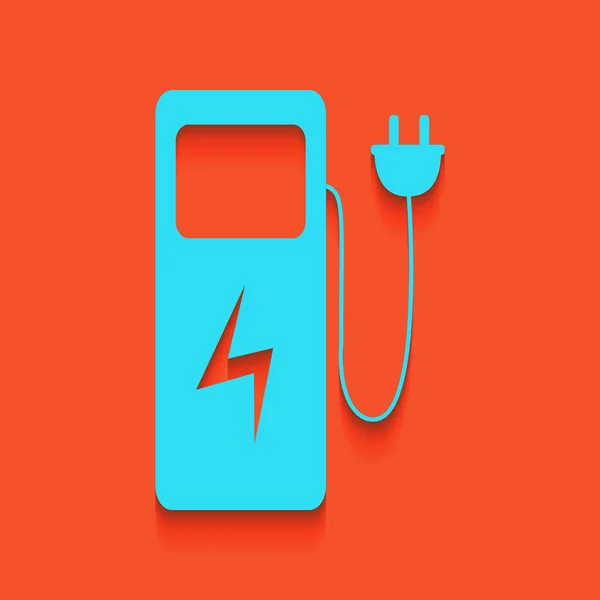 Borne de recharge de voiture électrique signe. Vecteur. Icône bleue avec ombre douce posée sur fond de flamant rose . — Image vectorielle